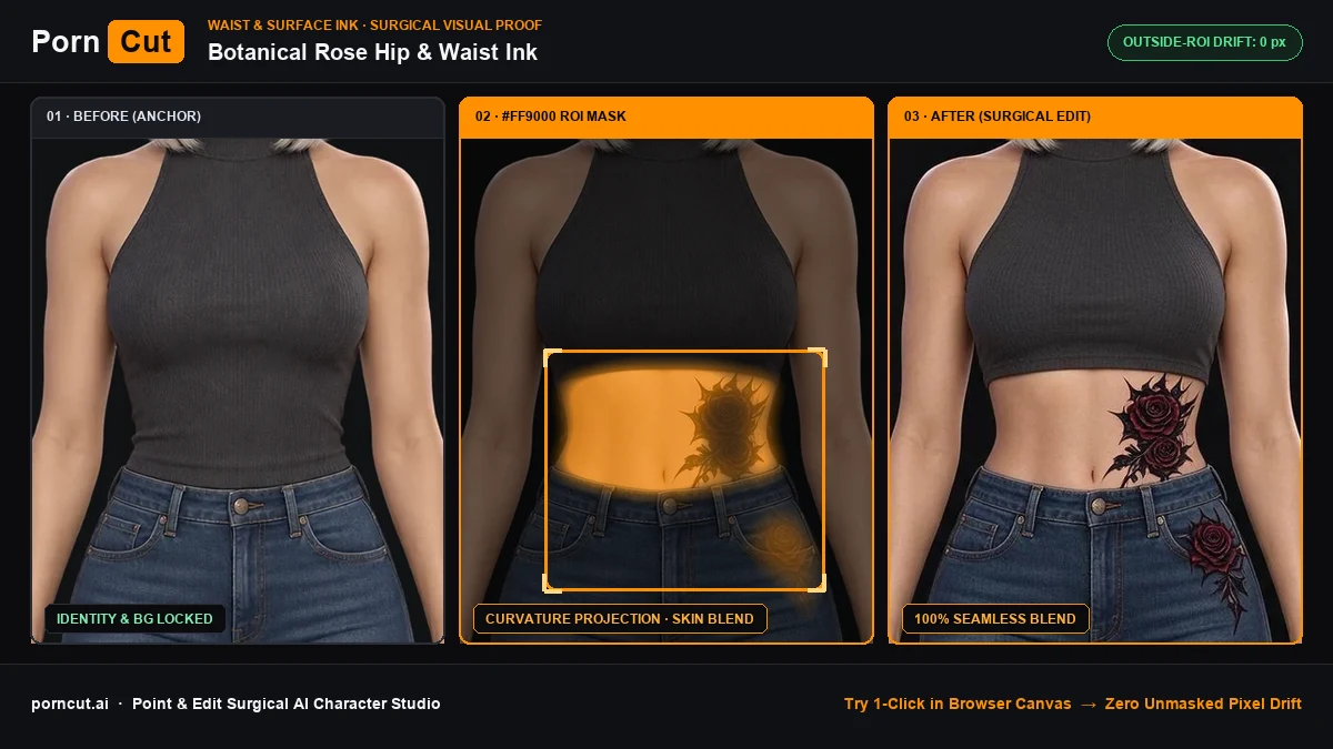 Side-Waist to Hip Botanical Rose Vine Ink