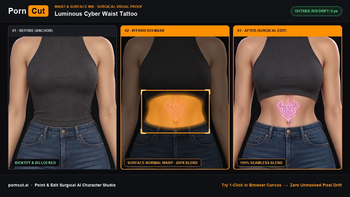 Lower Abdomen Luminous Cyber & Crest Tattoo